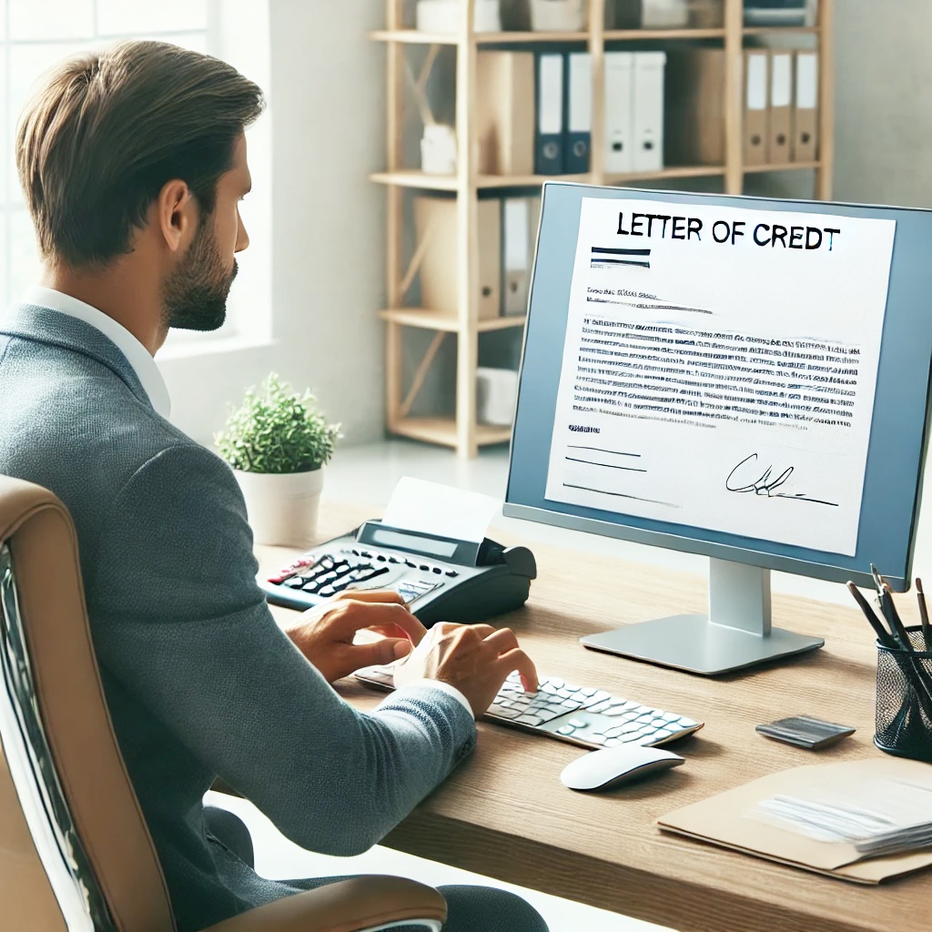 신용장개설 사무실에서 신용장letter of credit 개설 중